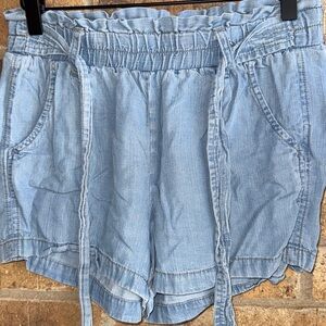 Rewind Light Blue Paperbag Waist Denim-Style Shorts